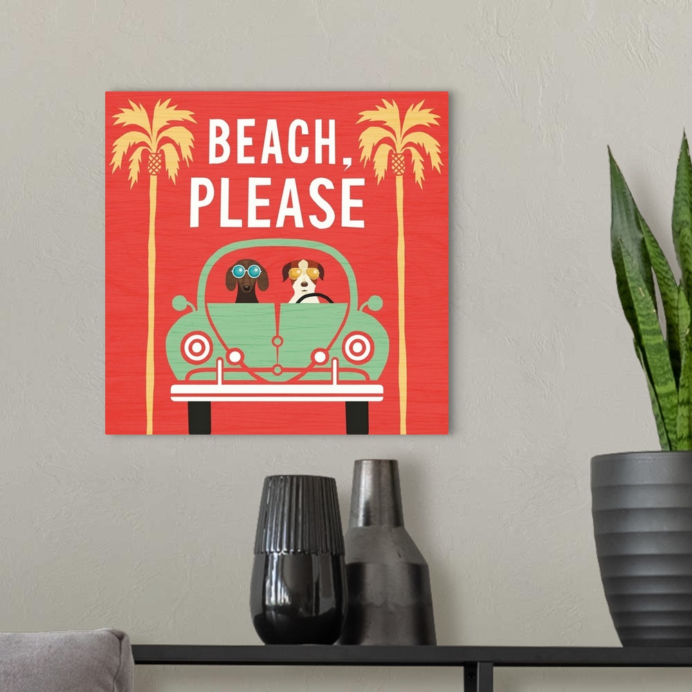 A modern room featuring "Beach, Please" illustration of two dogs wearing sunglasses driving in a green car to the beach.