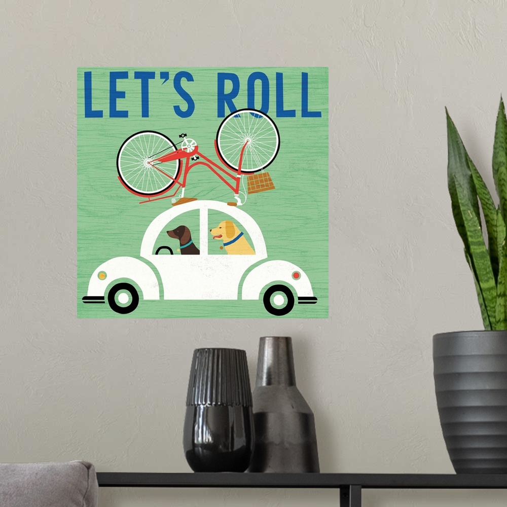 A modern room featuring "Let's Roll" illustration of two dogs driving a white beetle with a bicycle on top.