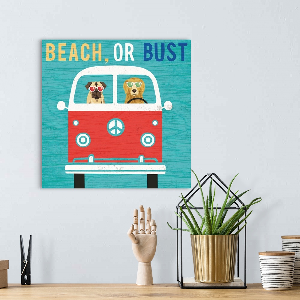 A bohemian room featuring "BEACH, OR BUST" illustration of two dogs in a van wearing sunglasses heading to the beach.