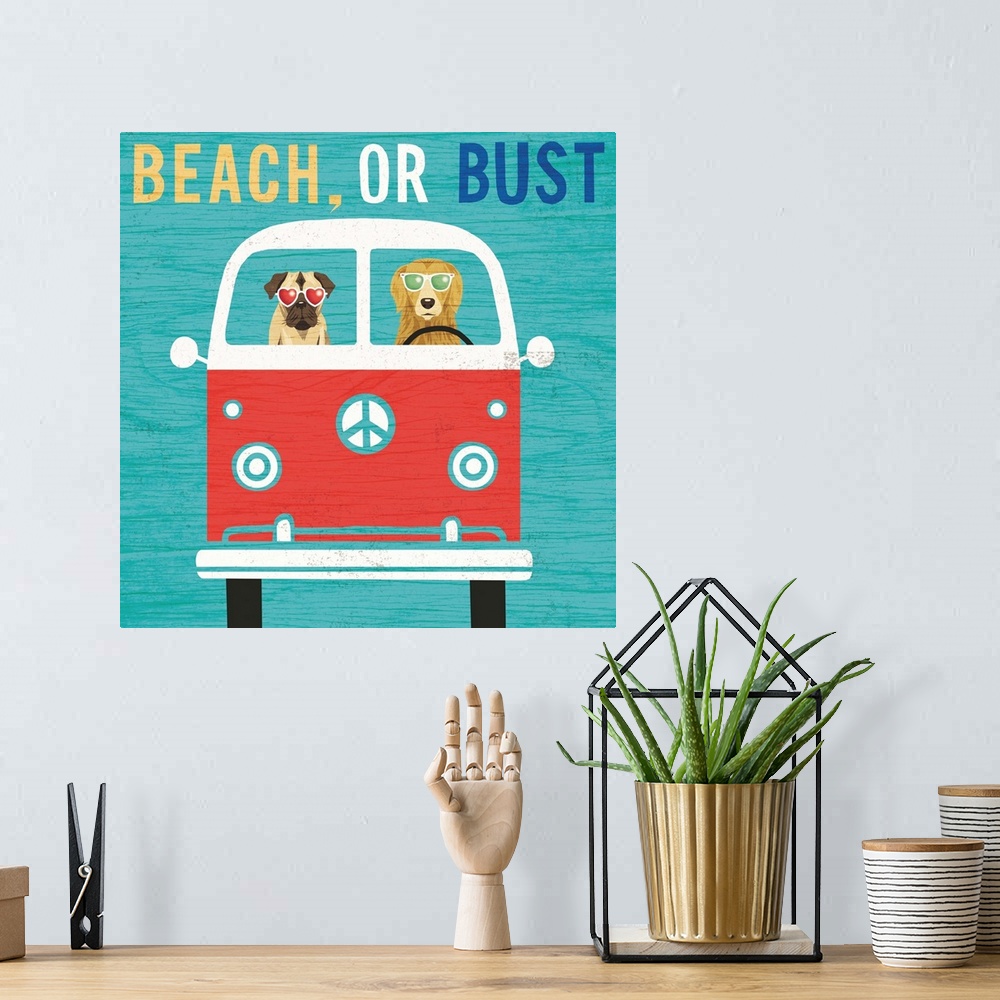 A bohemian room featuring "BEACH, OR BUST" illustration of two dogs in a van wearing sunglasses heading to the beach.