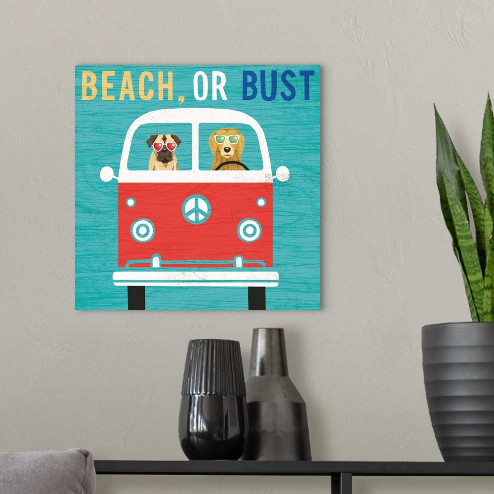 A modern room featuring "BEACH, OR BUST" illustration of two dogs in a van wearing sunglasses heading to the beach.