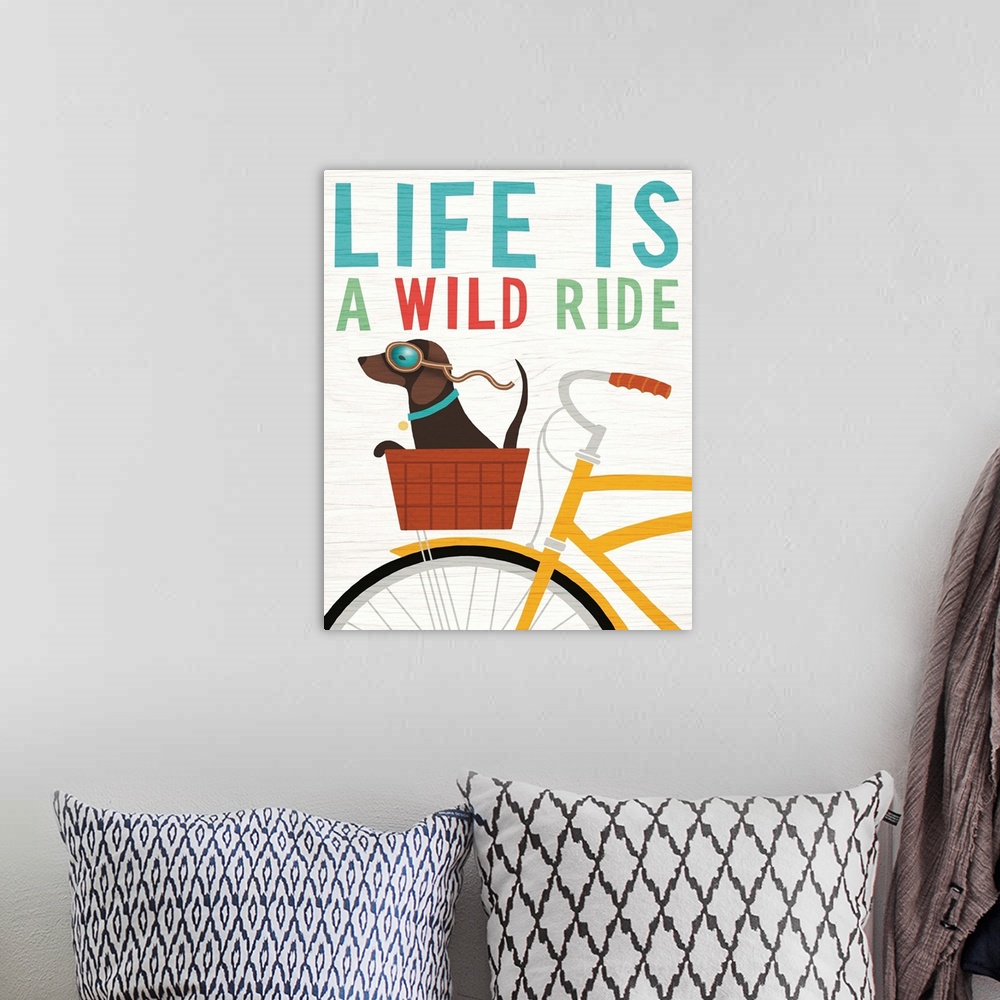A bohemian room featuring Illustration of a dachshund riding in the basket of a yellow bicycle with goggles on and the phra...