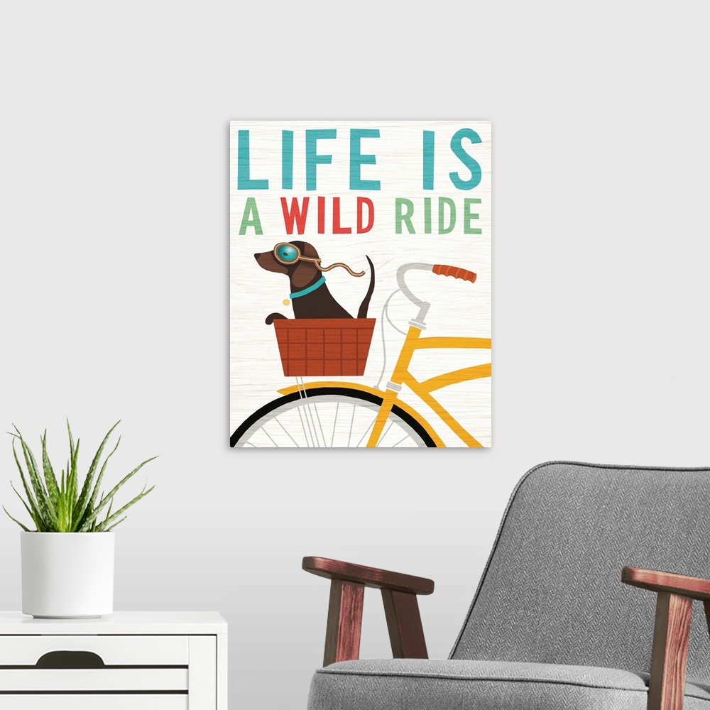 A modern room featuring Illustration of a dachshund riding in the basket of a yellow bicycle with goggles on and the phra...