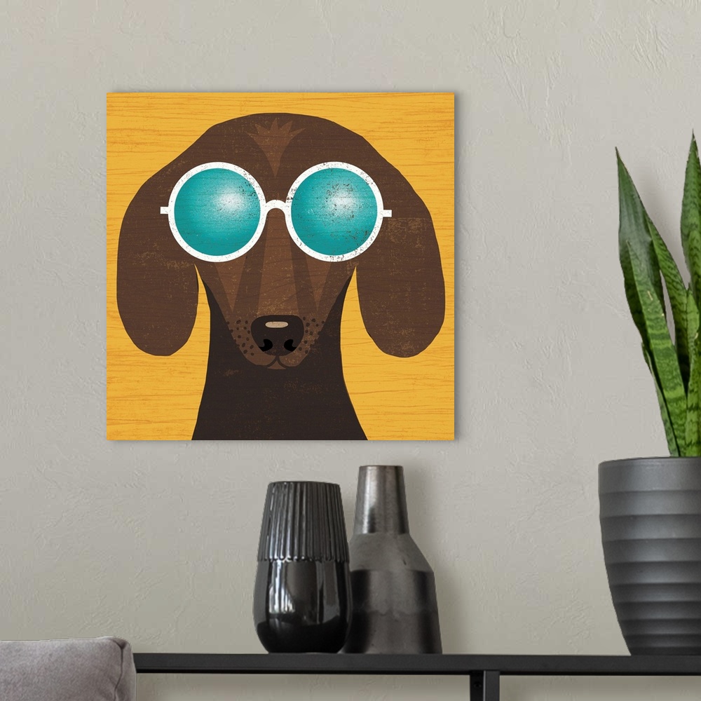A modern room featuring Illustration of a dachshund wearing circular sunglasses on a yellow wood grain background.