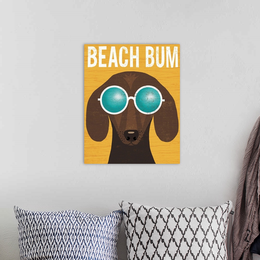A bohemian room featuring Illustration of a dachshund wearing circular sunglasses on a yellow wood grain background with "B...