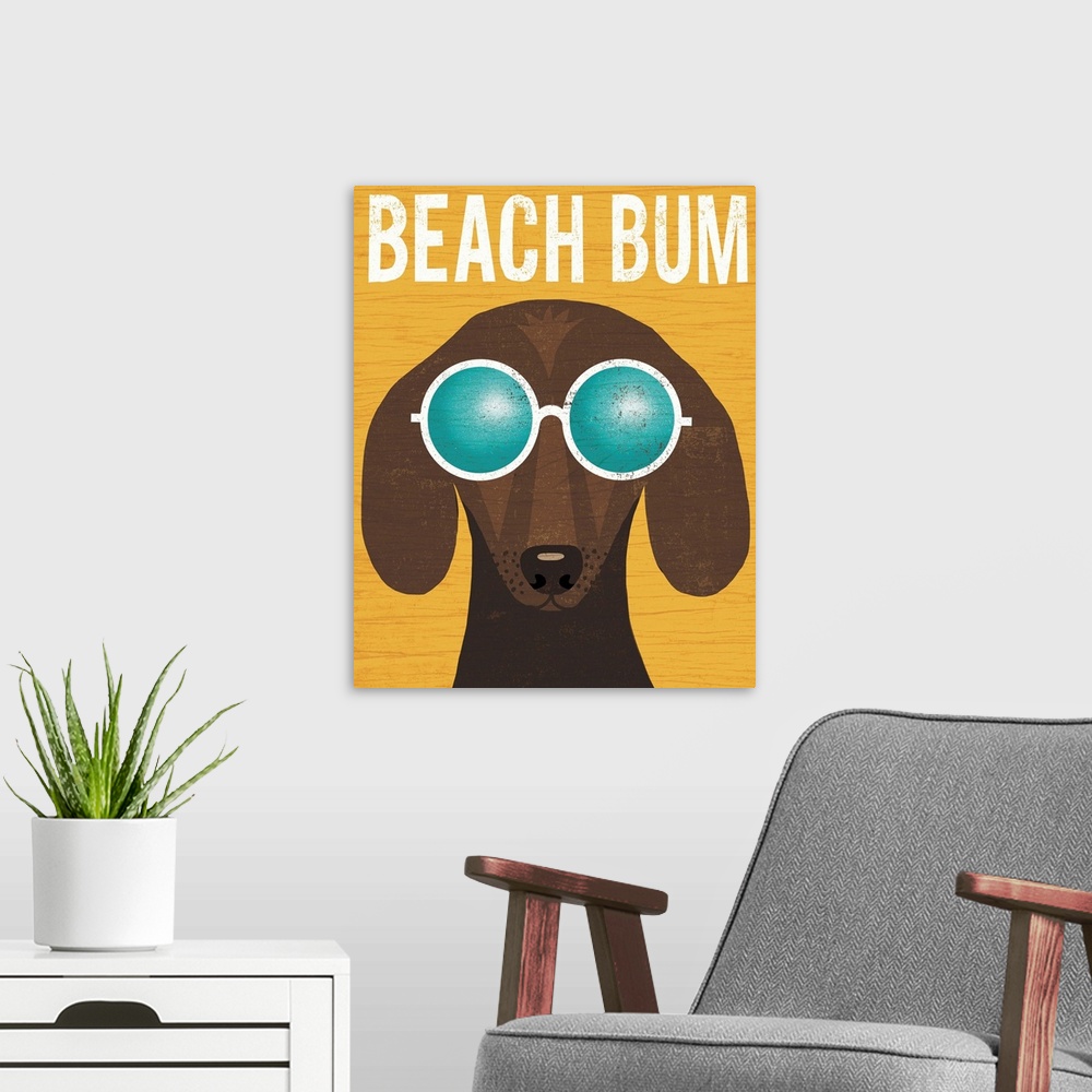 A modern room featuring Illustration of a dachshund wearing circular sunglasses on a yellow wood grain background with "B...