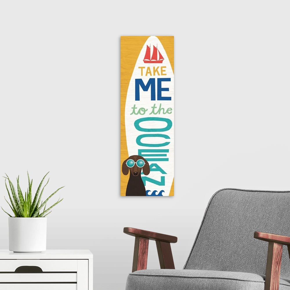 A modern room featuring "Take Me to the Ocean" surfboard with a dachshund wearing round sunglasses on a yellow background.