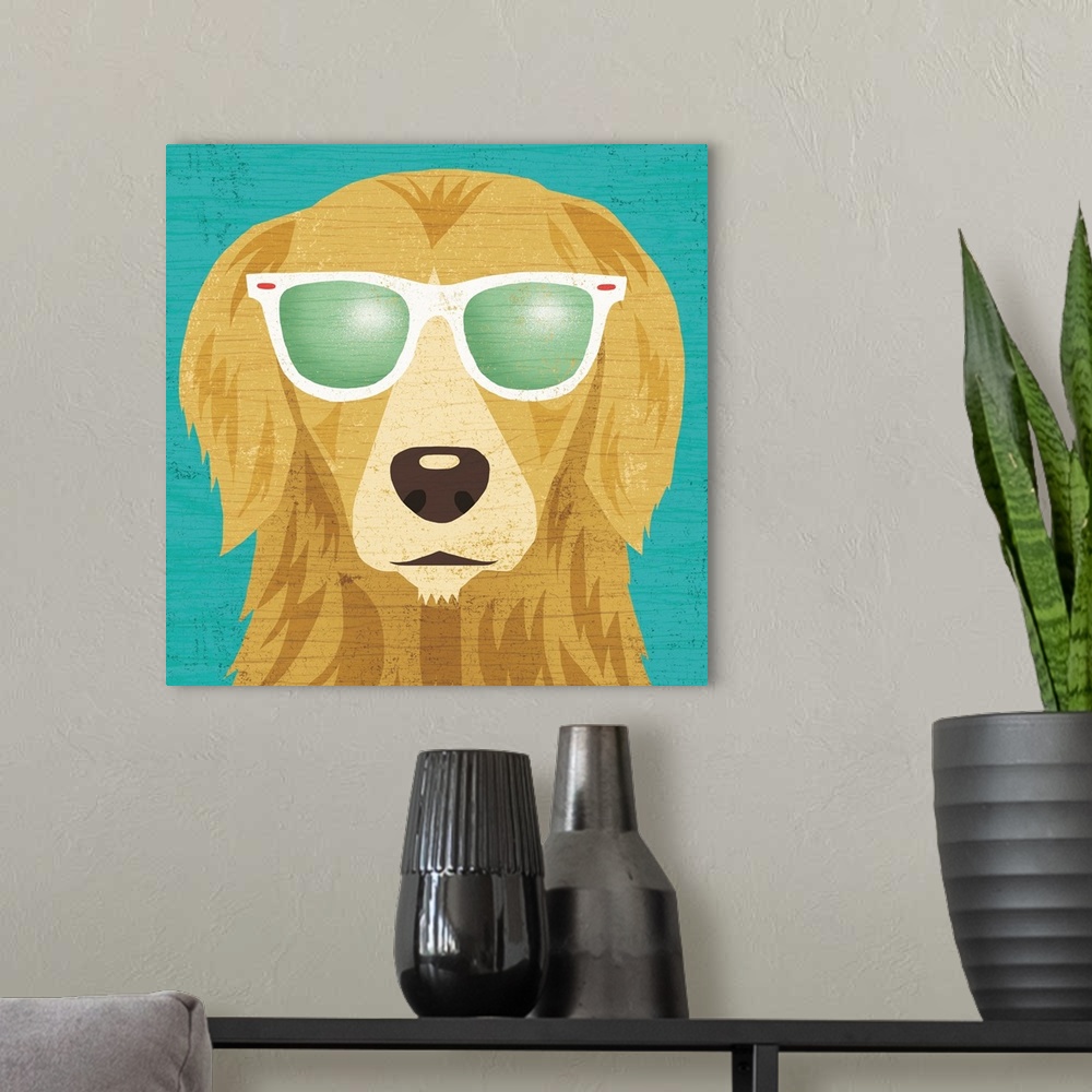 A modern room featuring Illustration of a Golden Retriever wearing sunglasses on a blue wood grain background.