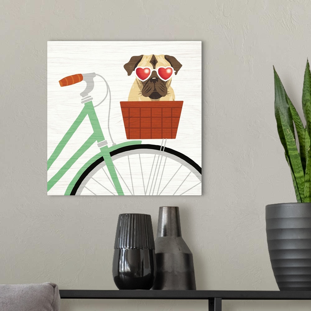 A modern room featuring Illustration of a pug in the basket of a bicycle wearing heart shaped sunglasses on a white wood ...