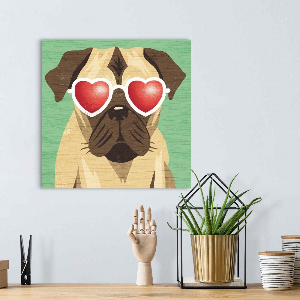 A bohemian room featuring Illustration of a pug wearing heart shaped sunglasses on a green wood grain background.