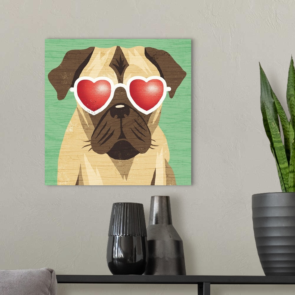 A modern room featuring Illustration of a pug wearing heart shaped sunglasses on a green wood grain background.