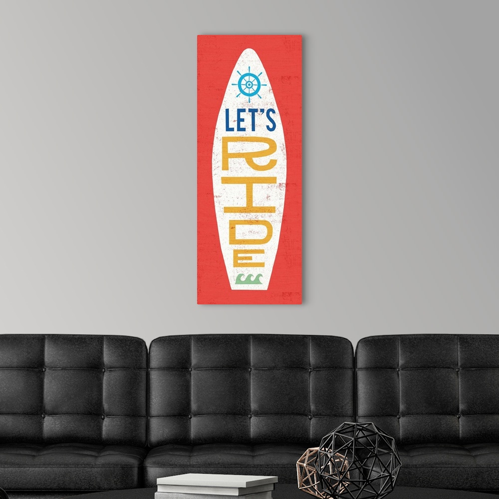 A modern room featuring "Let's Ride" surfboard decorated with waves and a helm on a red background.