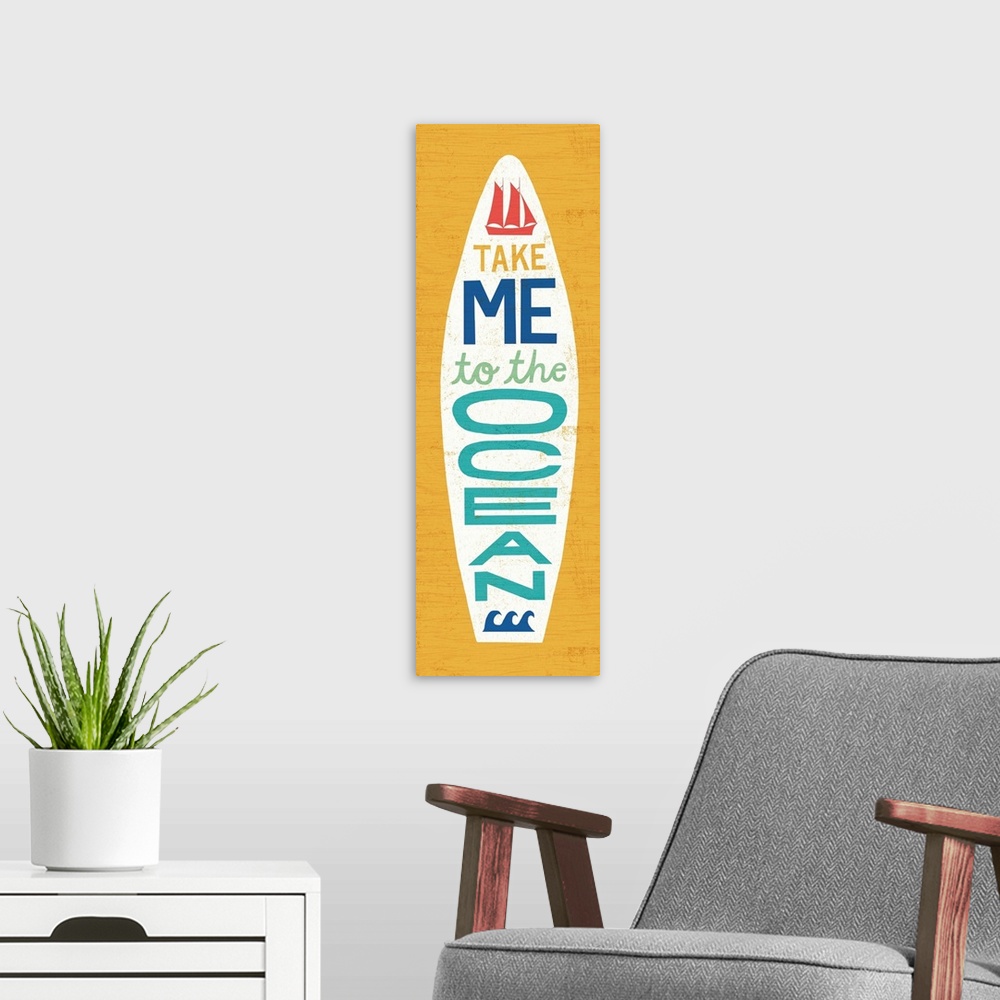 A modern room featuring "Take Me to the Ocean" surfboard decorated with a sailboat and waves on a yellow background.