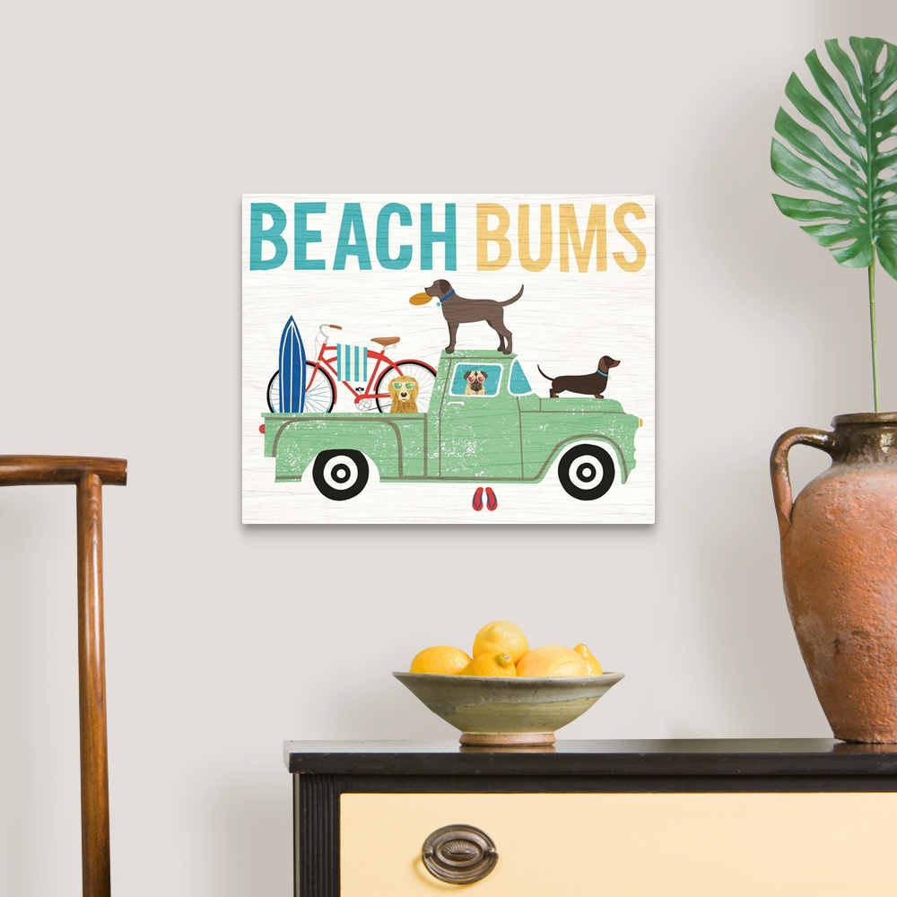 A traditional room featuring "BEACH BUMS" illustration of four dogs in a green truck heading to the beach.