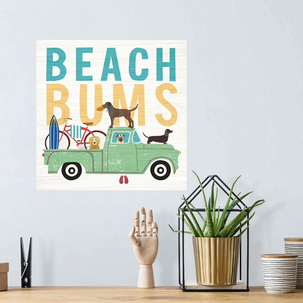 A bohemian room featuring "BEACH BUMS" illustration of four dogs in a green truck heading to the beach.