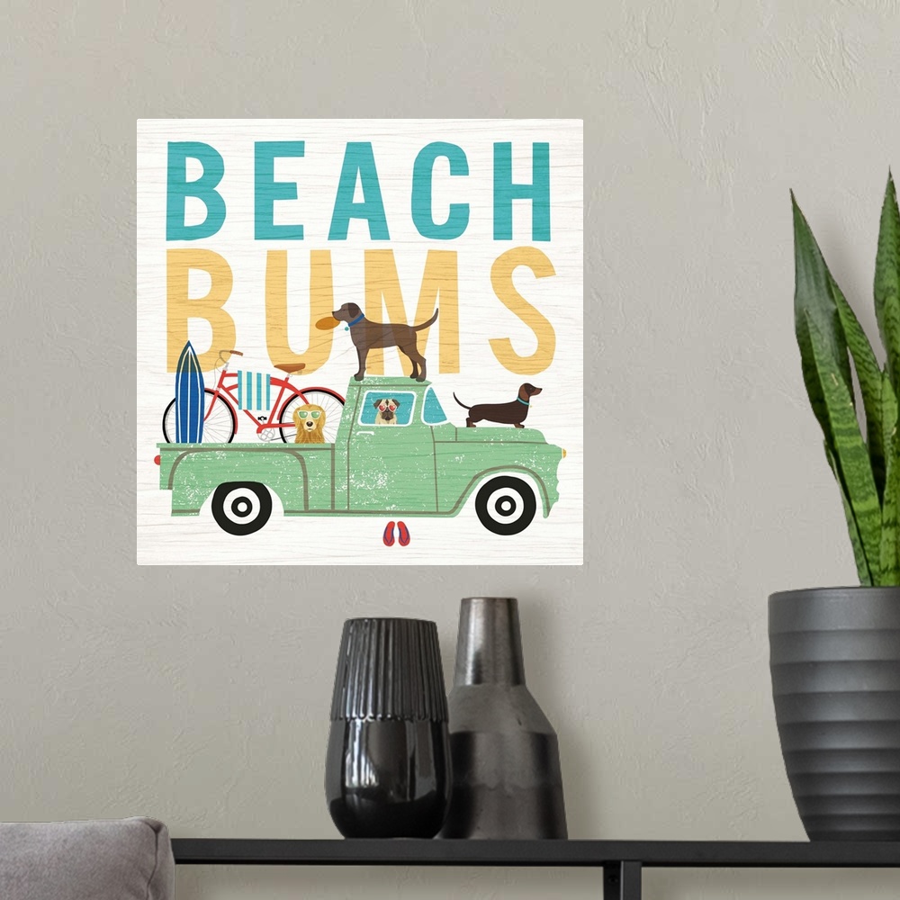 A modern room featuring "BEACH BUMS" illustration of four dogs in a green truck heading to the beach.