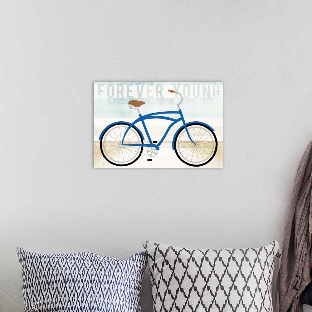 A bohemian room featuring "Forever Young" with an illustration of a blue bicycle on a blue, white, and tan background creat...