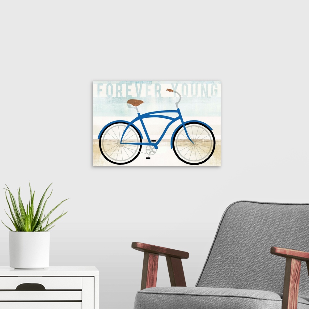 A modern room featuring "Forever Young" with an illustration of a blue bicycle on a blue, white, and tan background creat...