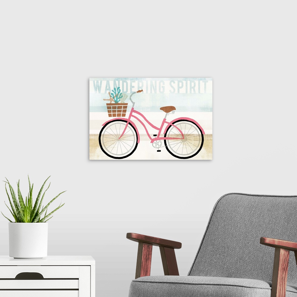 A modern room featuring "Wandering Spirit" with an illustration of a pink bicycle with a basket of seashells on a blue, w...