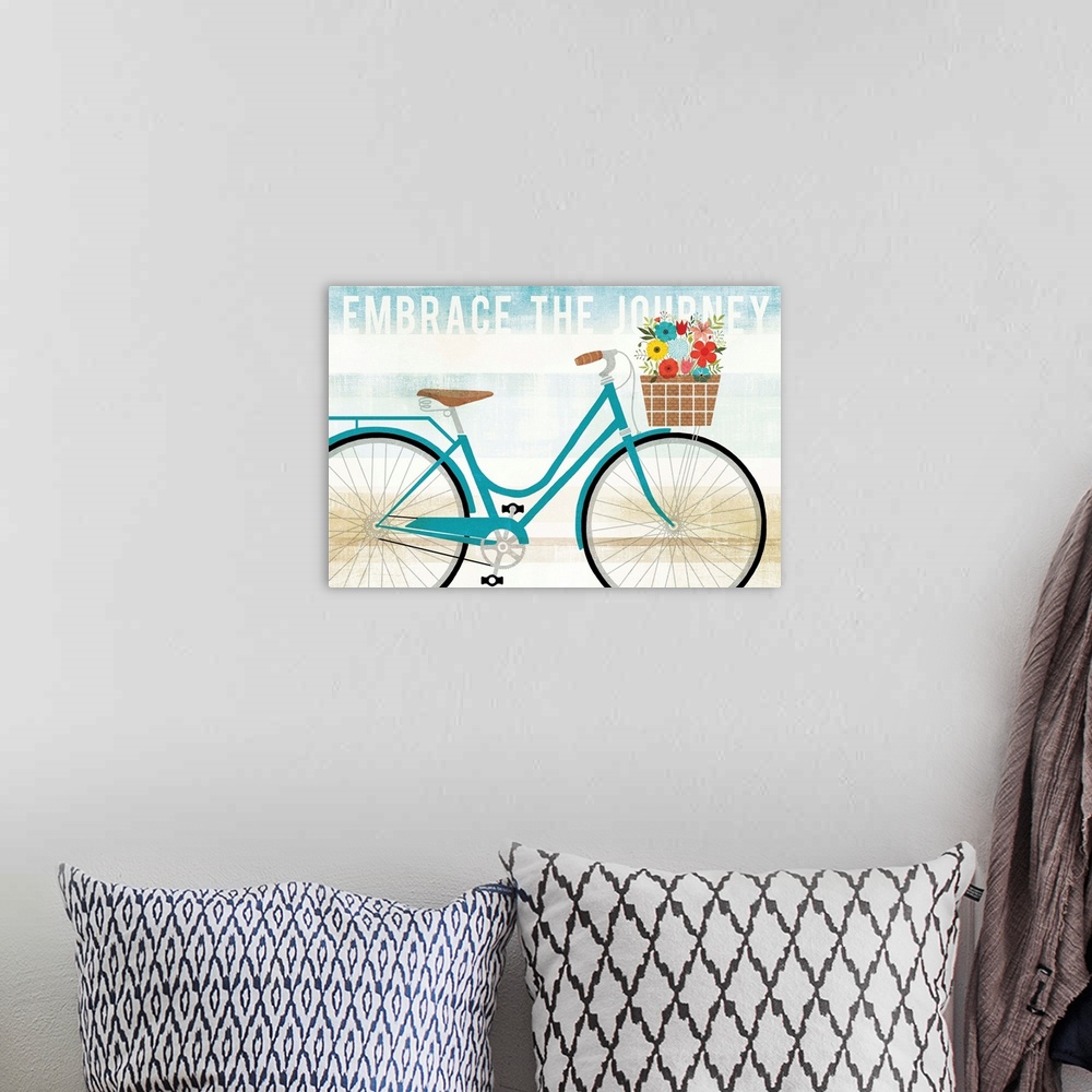 A bohemian room featuring "Embrace the Journey" with an illustration of a blue bicycle with a basket of flowers on a blue, ...