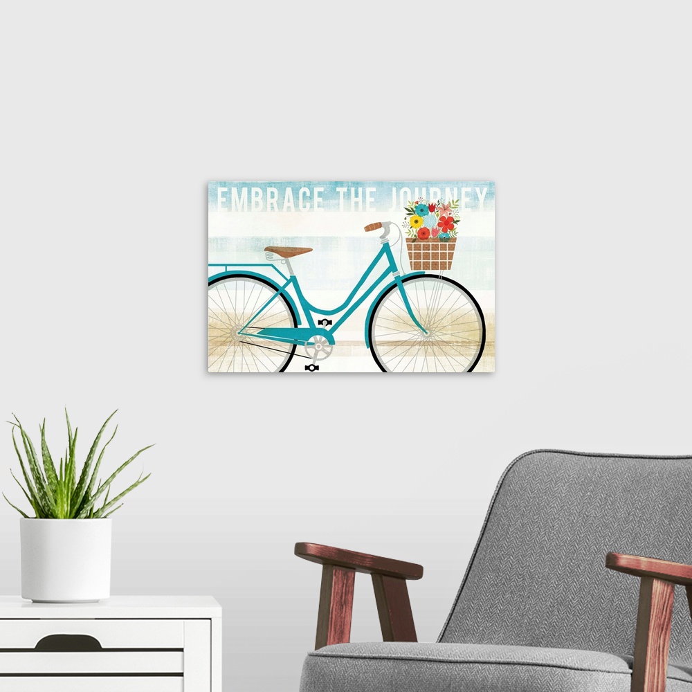 A modern room featuring "Embrace the Journey" with an illustration of a blue bicycle with a basket of flowers on a blue, ...