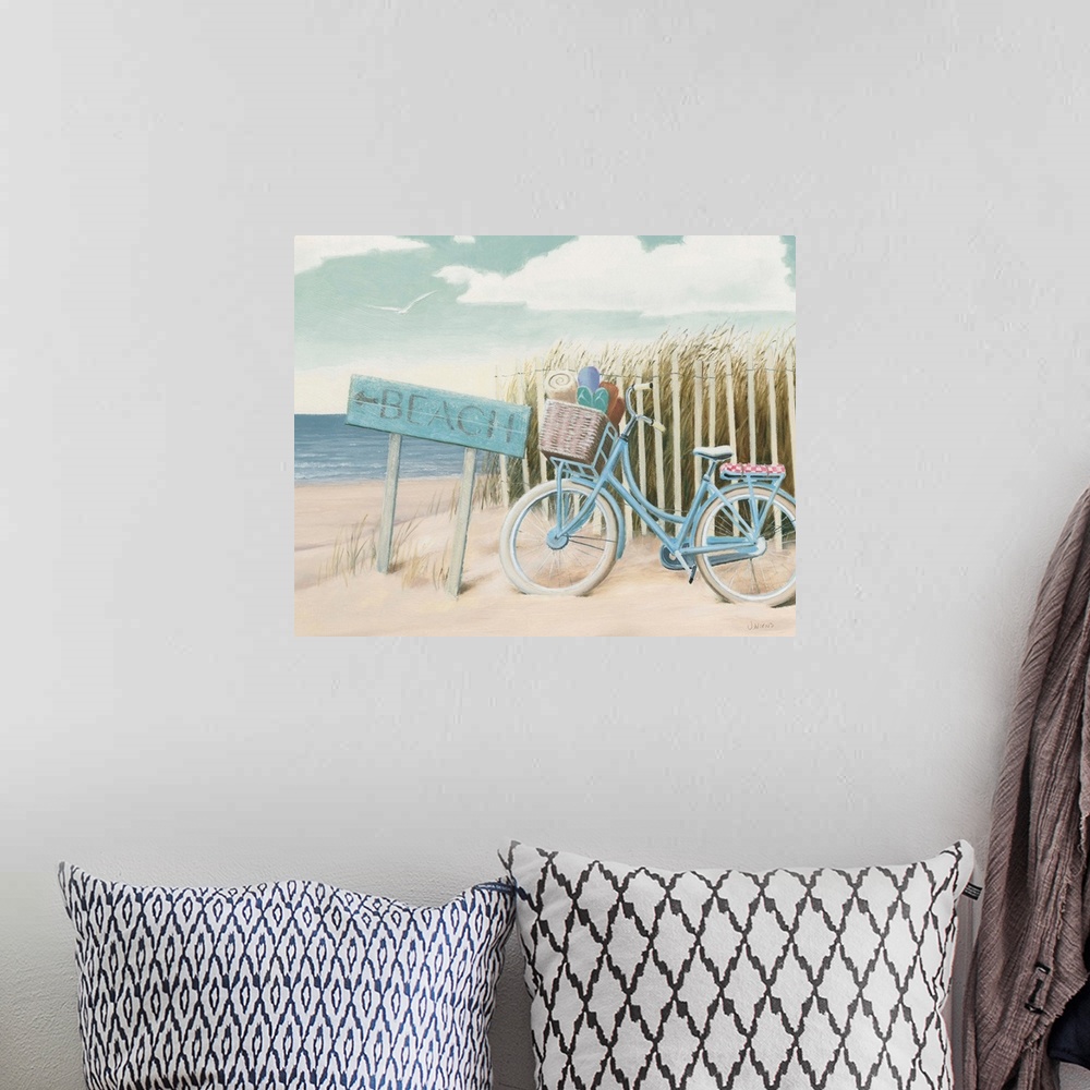 A bohemian room featuring Contemporary artwork of a bicycle leaned up against a sand dune fence on a beach.