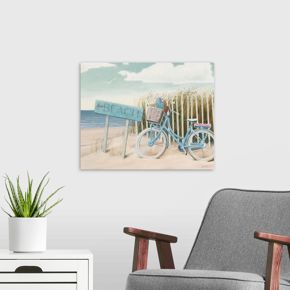 A modern room featuring Contemporary artwork of a bicycle leaned up against a sand dune fence on a beach.