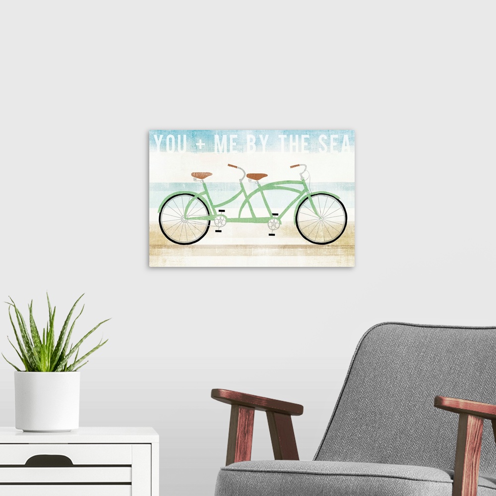 A modern room featuring "You   Me By The Sea" with an illustration of a green tandem bicycle on a blue, white, and tan ba...