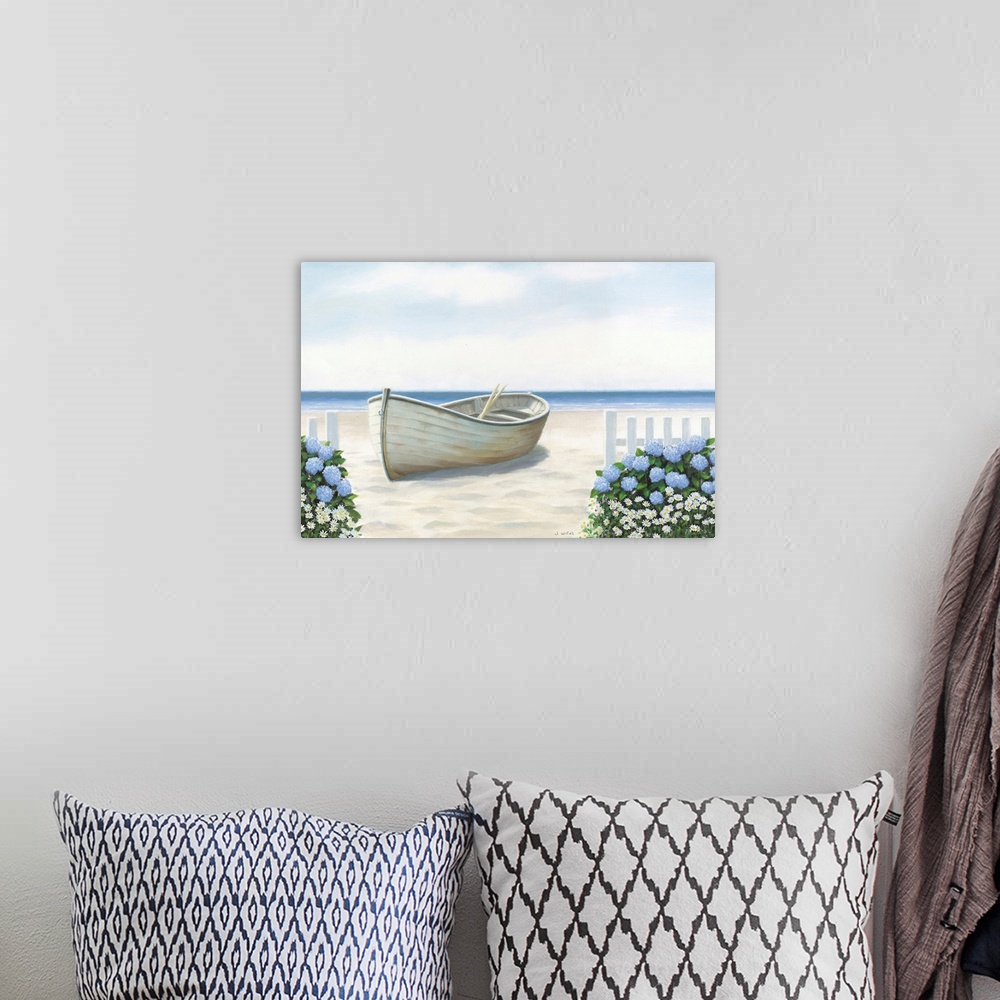A bohemian room featuring Contemporary painting of a white boat on the sandy shore of a beach with daisies and blue hydrang...