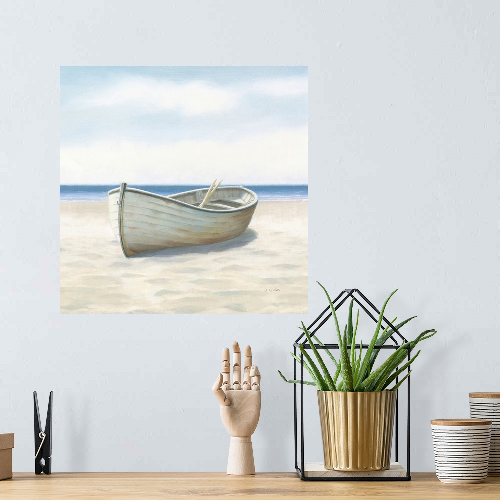 A bohemian room featuring Contemporary painting of a white boat with oars inside, on the sandy beach with the ocean in the ...