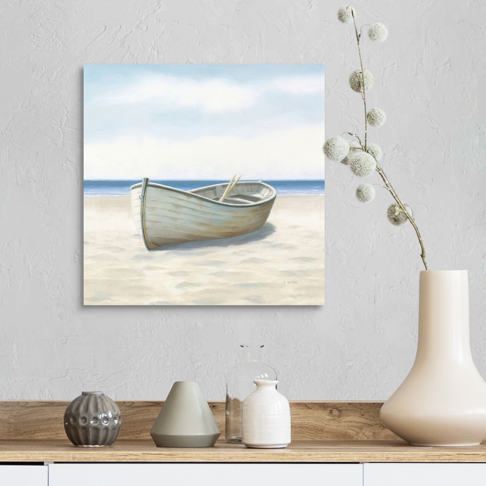A farmhouse room featuring Contemporary painting of a white boat with oars inside, on the sandy beach with the ocean in the ...