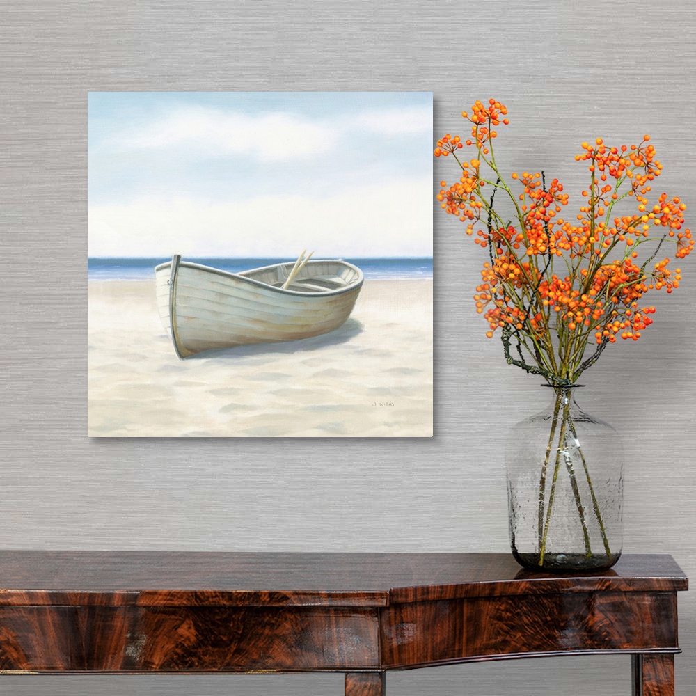 A traditional room featuring Contemporary painting of a white boat with oars inside, on the sandy beach with the ocean in the ...