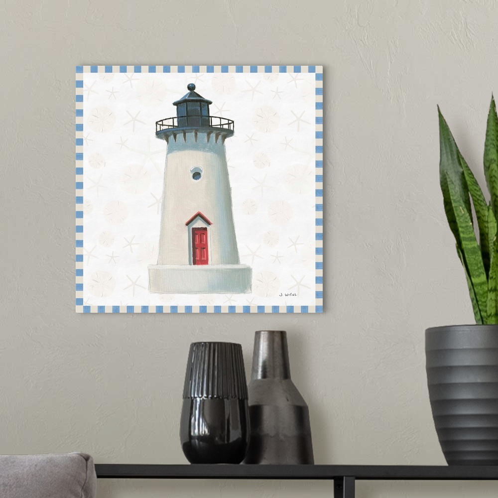 A modern room featuring Painted beach decor with a lighthouse in the center and a blue and off-white checkered border.