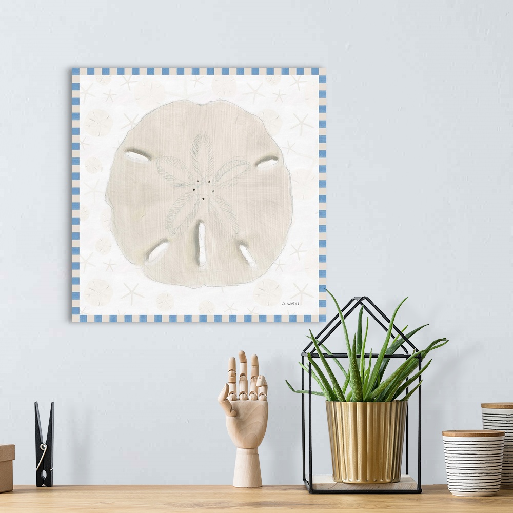 A bohemian room featuring Painted beach decor with a single sand dollar in the center and a blue and off-white checkered bo...