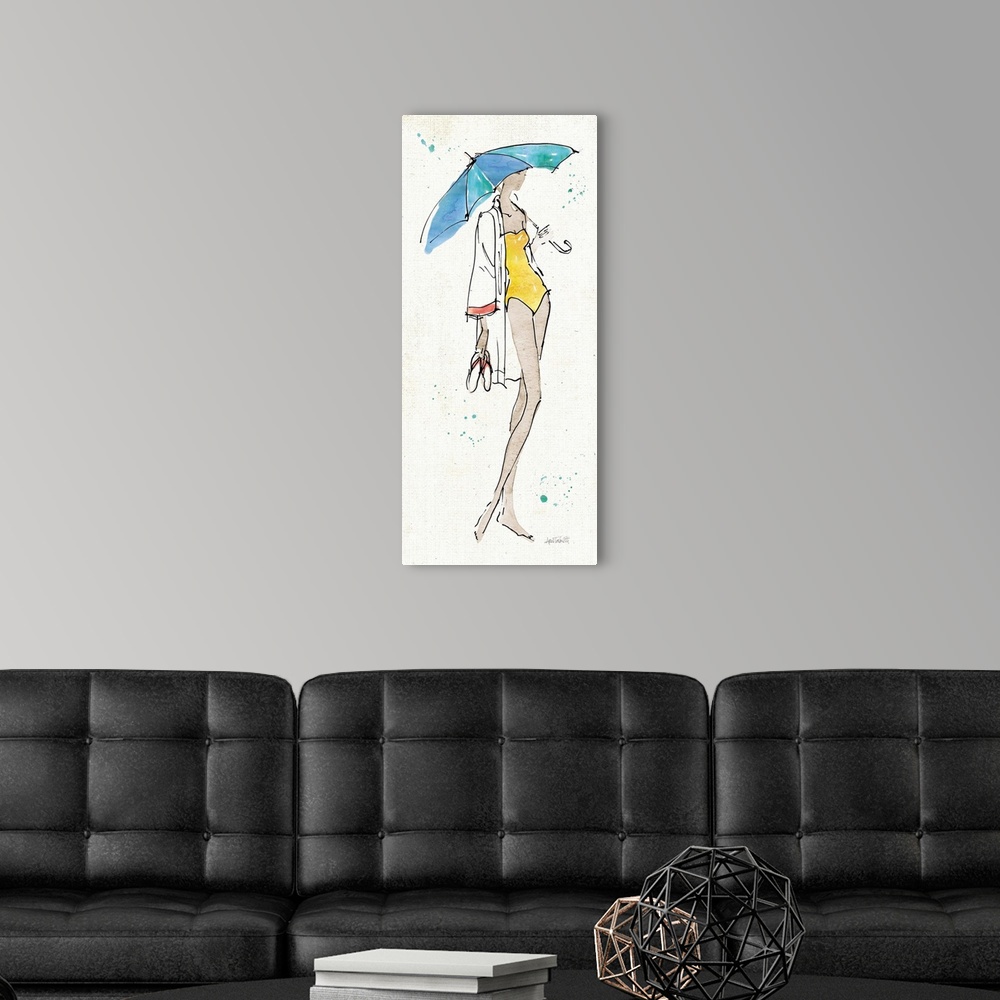 A modern room featuring Contemporary fashion sketch of a woman wearing beach attire.