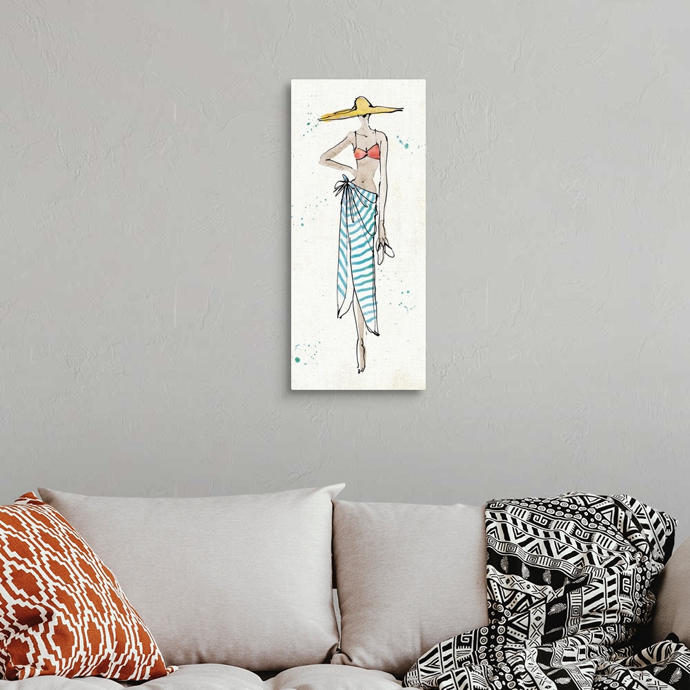 A bohemian room featuring Fashion drawing of a woman in a swimsuit and towel.