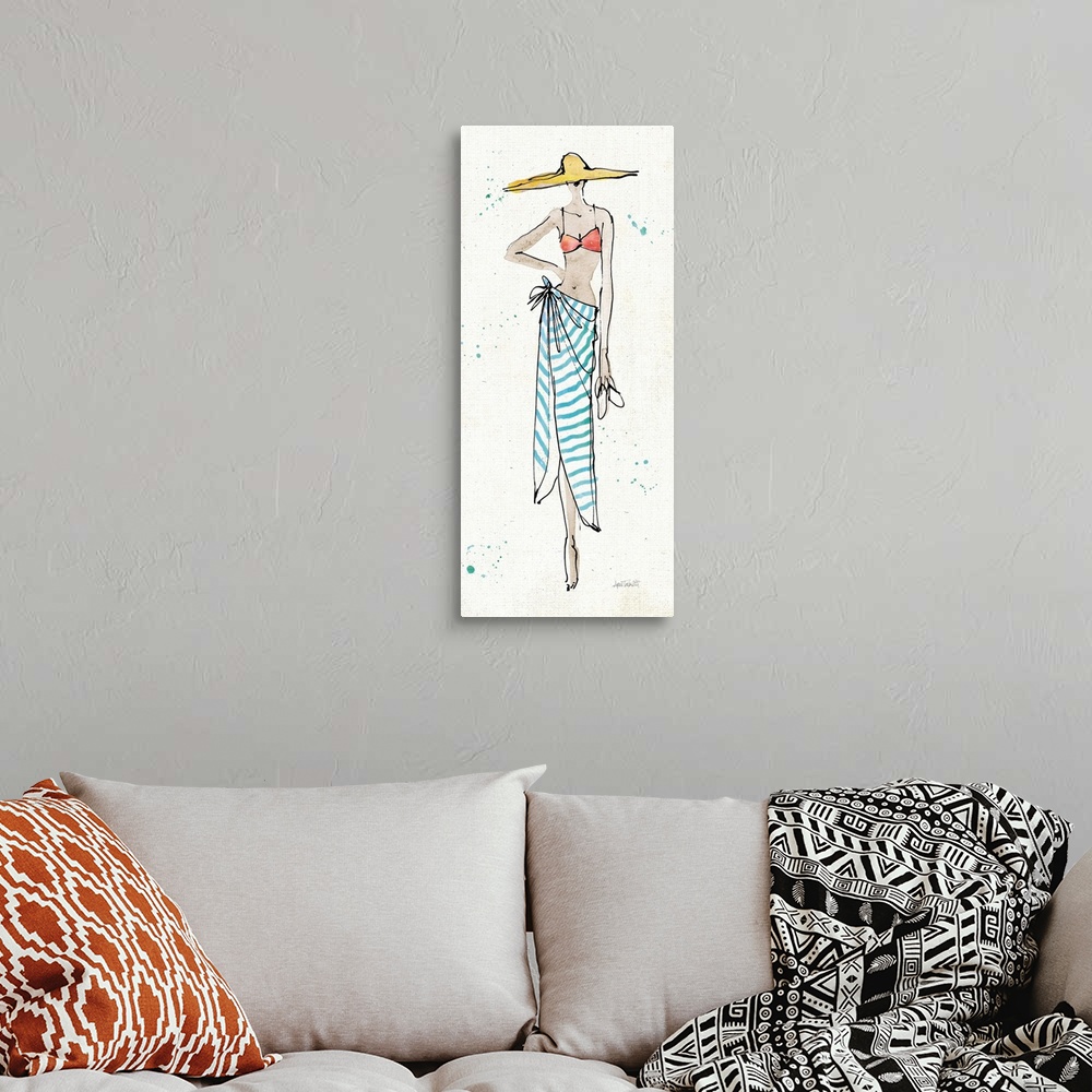 A bohemian room featuring Contemporary fashion sketch of a woman wearing beach attire.