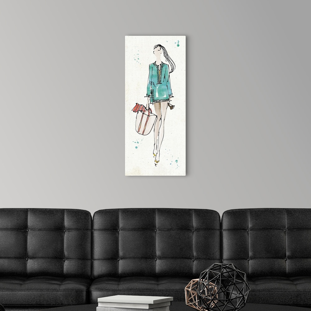 A modern room featuring Fashion drawing of a woman with a ponytail and totebag.