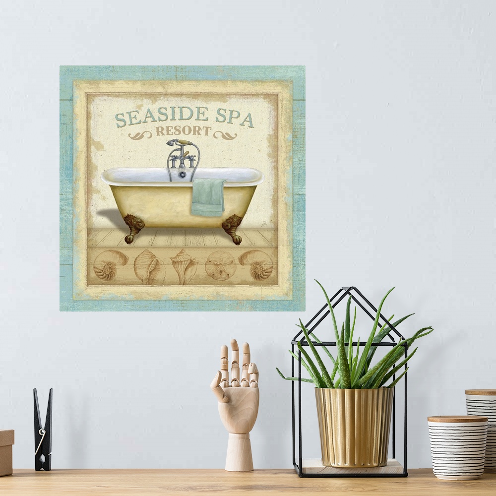 A bohemian room featuring Square, beach themed home art docor of an antique bathtub with the text "Seaside Spa Resort" abov...