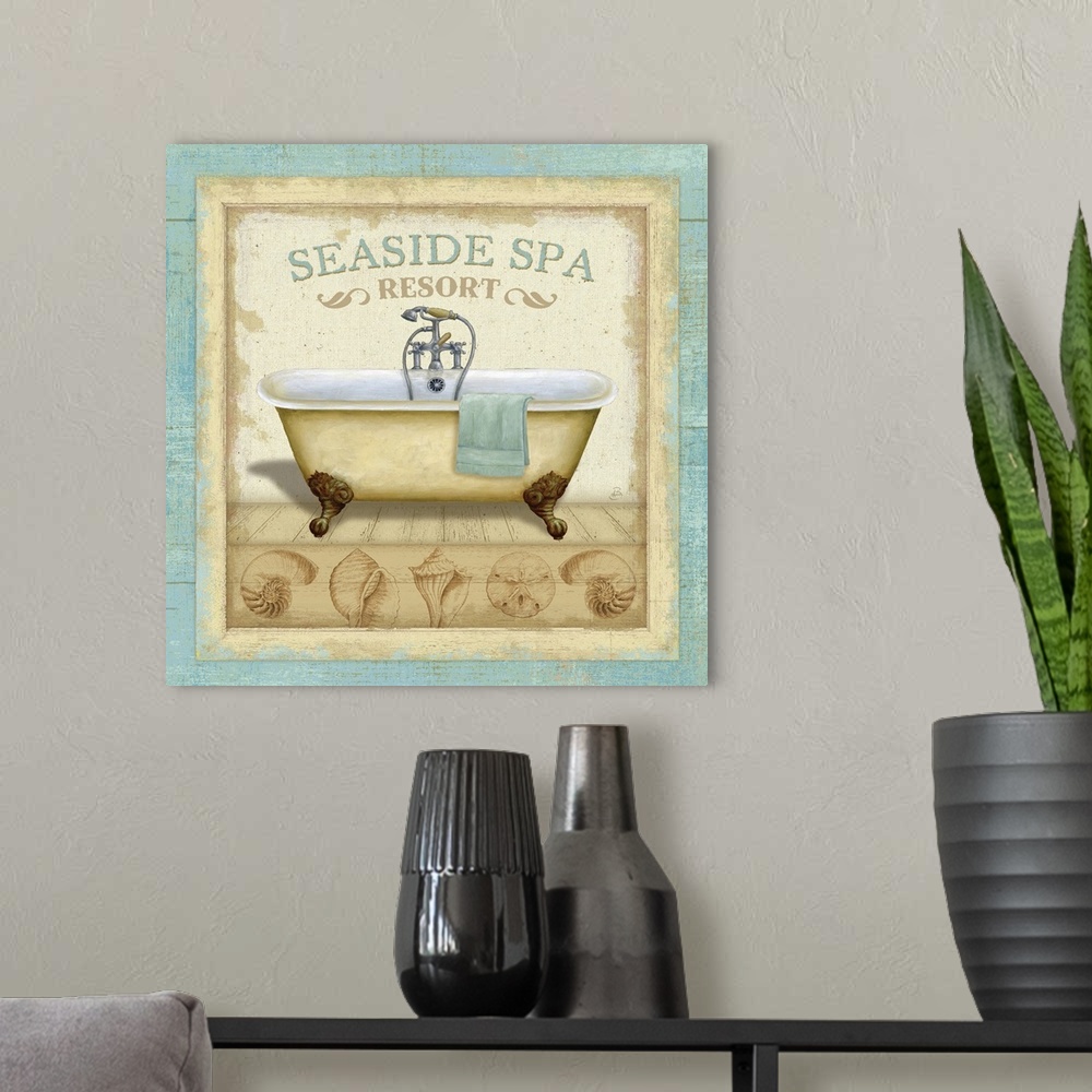 A modern room featuring Square, beach themed home art docor of an antique bathtub with the text "Seaside Spa Resort" abov...