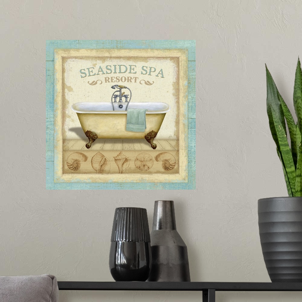 A modern room featuring Square, beach themed home art docor of an antique bathtub with the text "Seaside Spa Resort" abov...