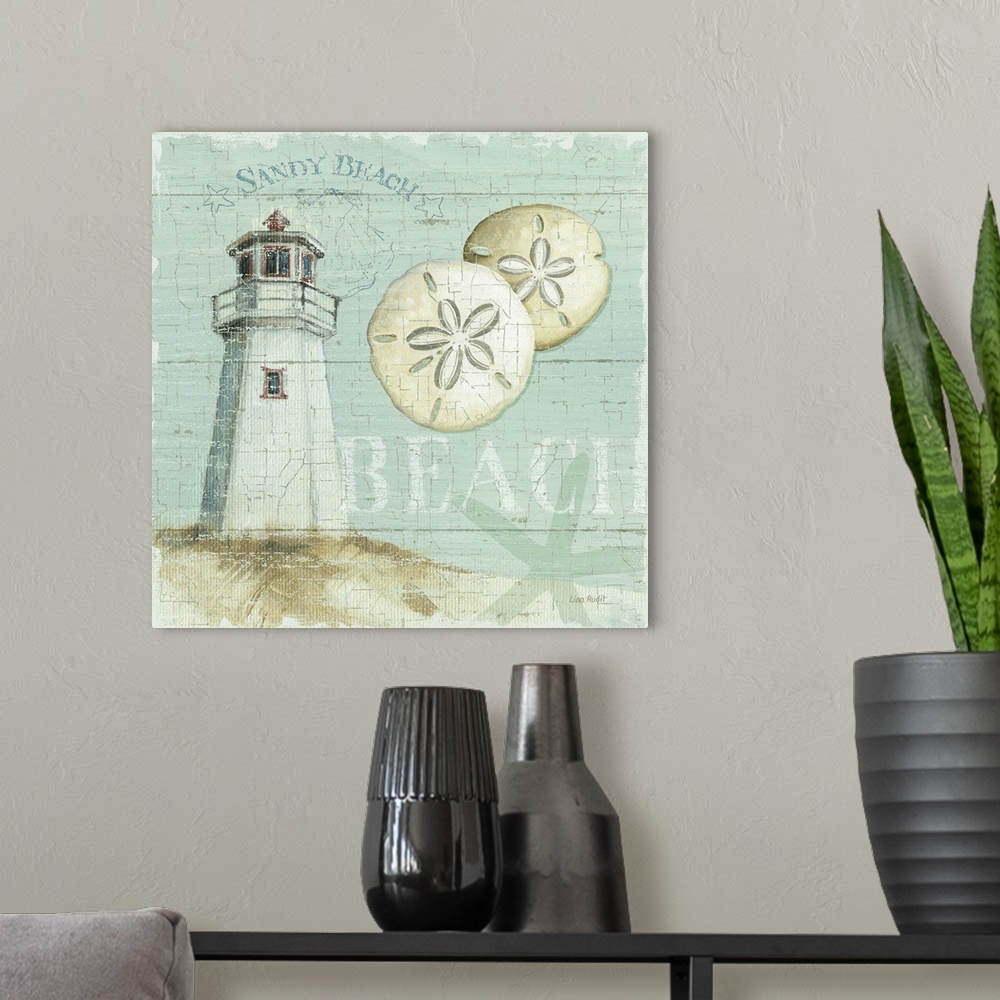 A modern room featuring Square shaped docor for the home this decorative accent shows a lighthouse and two floating sand ...