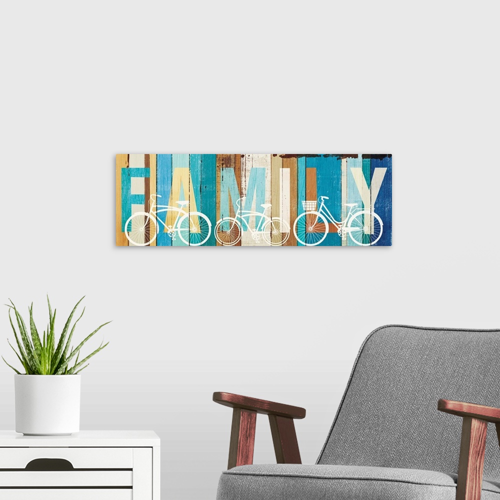 A modern room featuring "FAMILY" painted on wood panels with white silhouettes of bicycles.