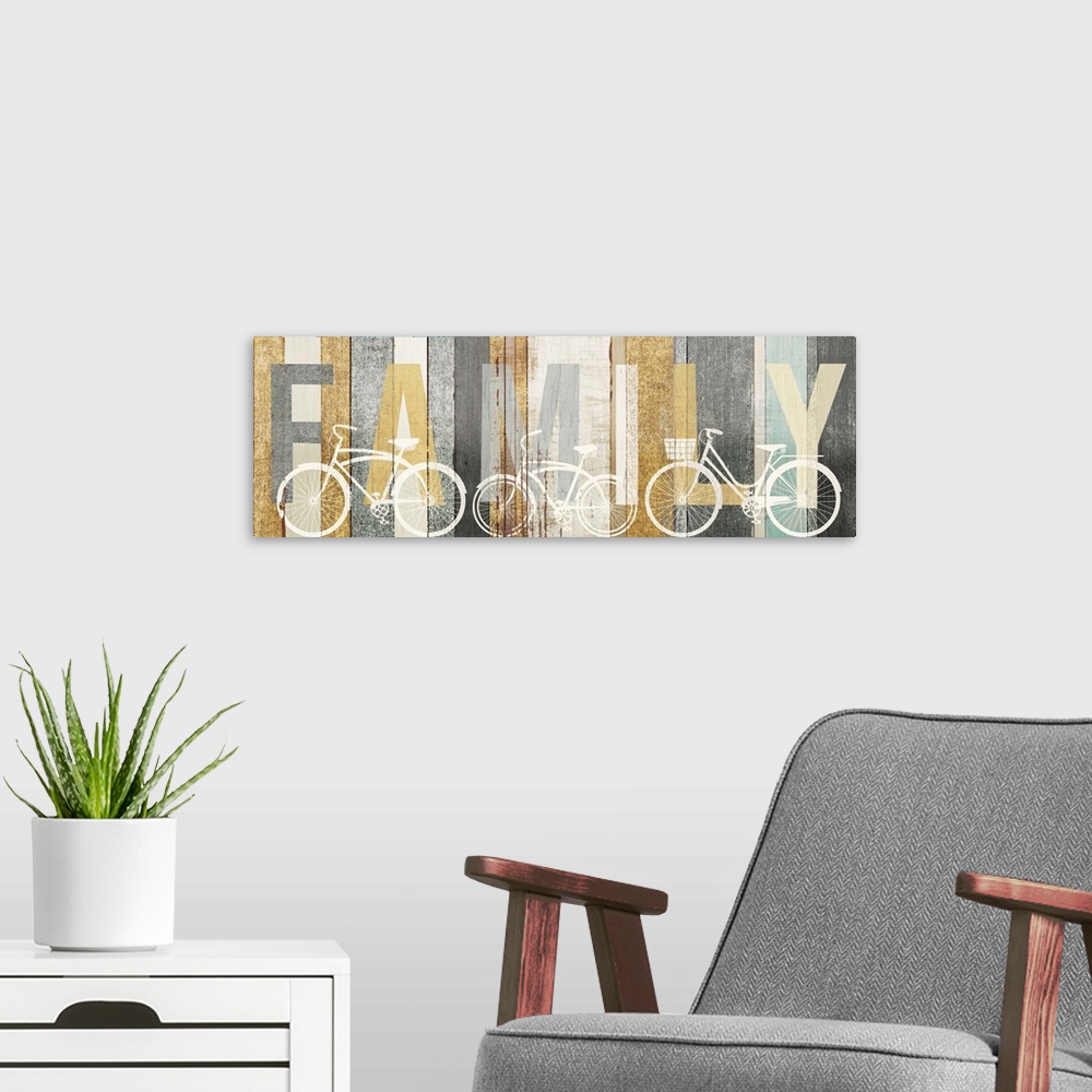 A modern room featuring "FAMILY" painted on wood panels with white silhouettes of bicycles.