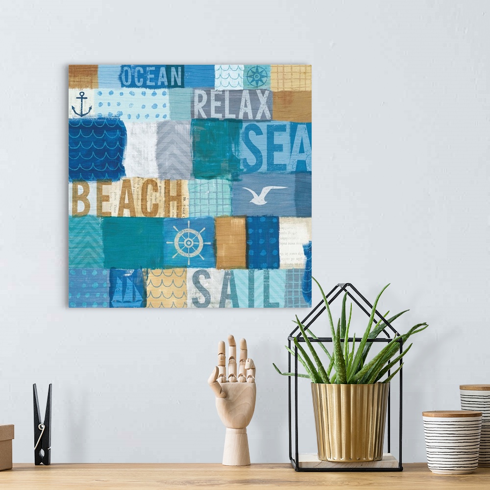 A bohemian room featuring Square art with shades of blue, tan, and white patches with different patterns and designs and th...