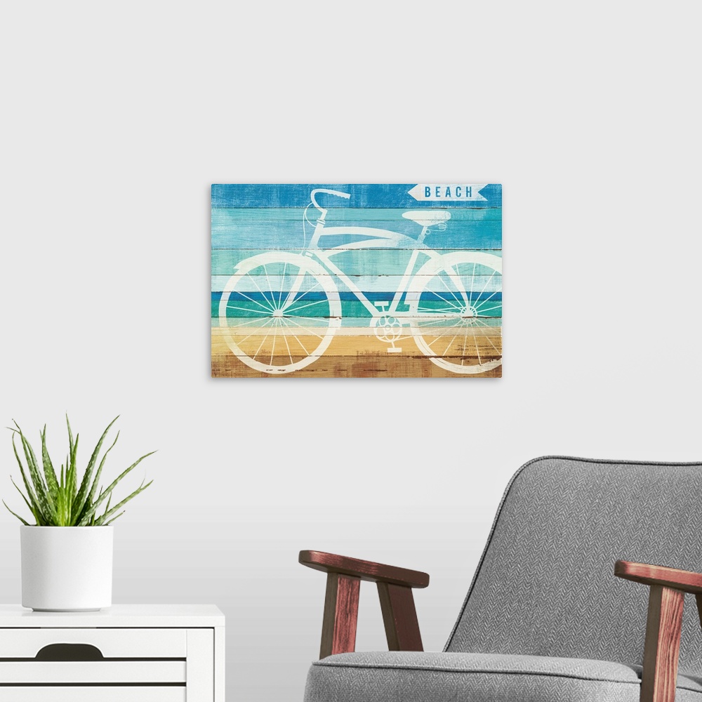 A modern room featuring White silhouette of a bicycle and a sign pointing to the beach on a wood panel background.