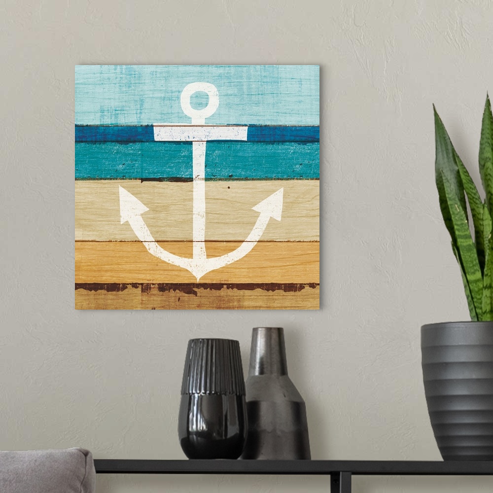 A modern room featuring White anchor on a blue and brown painted wood background.