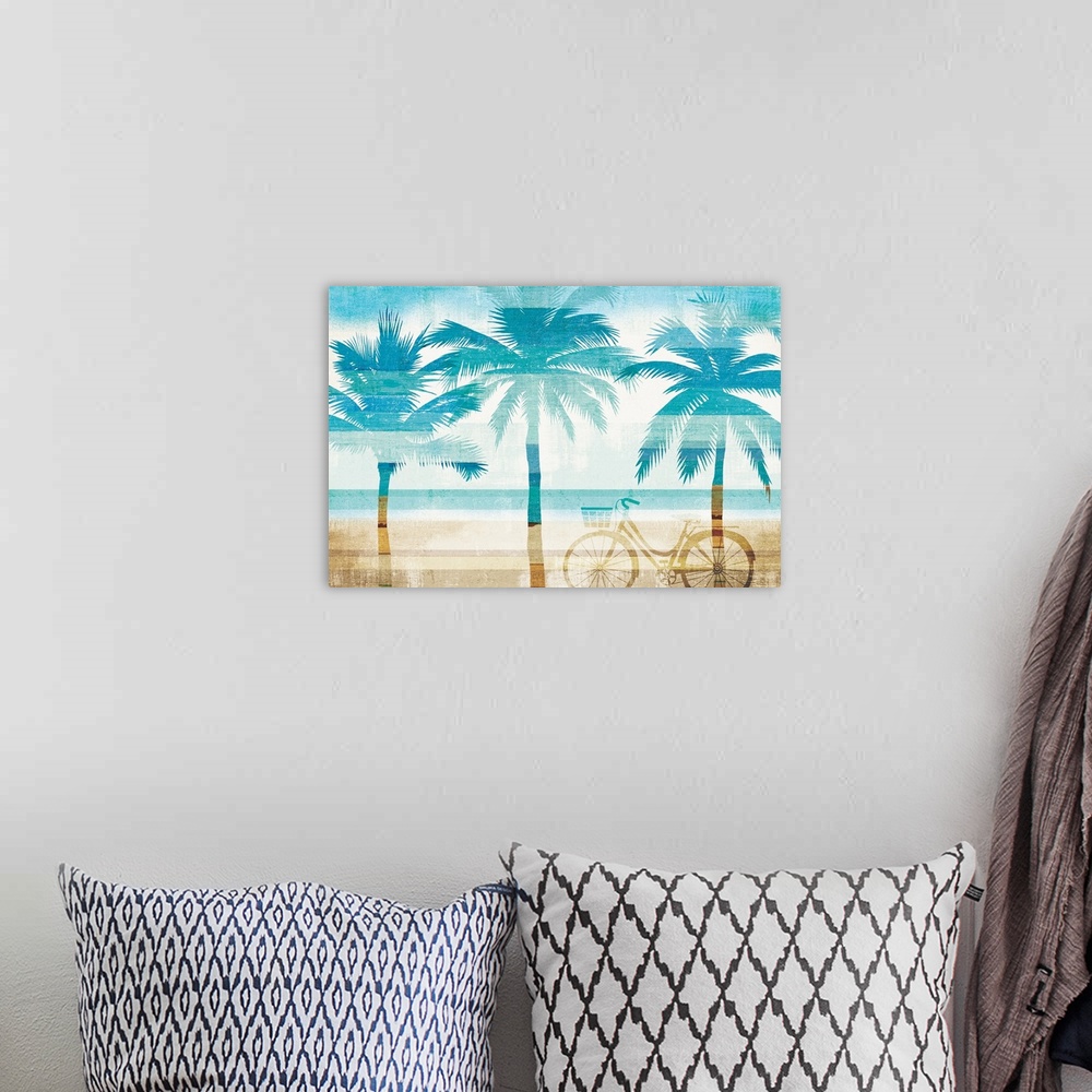 A bohemian room featuring Three palm trees and a bicycle made with blue and tan gradients of color resembling the ocean and...