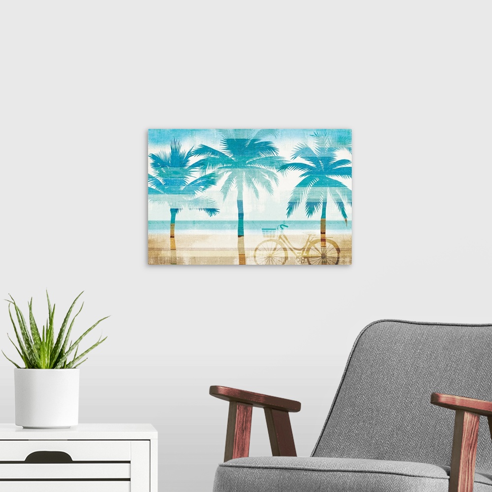 A modern room featuring Three palm trees and a bicycle made with blue and tan gradients of color resembling the ocean and...
