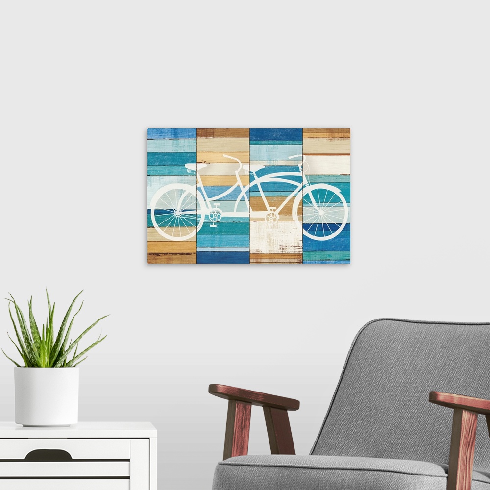 A modern room featuring White silhouette of a tandem bicycle on a painted wood paneled background.